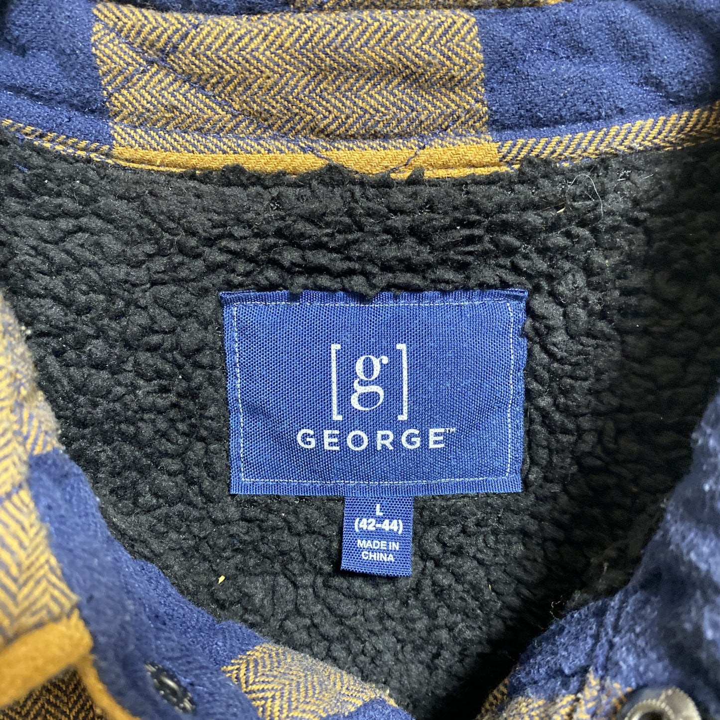 古着 used　GEORGE　長袖チェック柄ブルゾン　フルボタンジャケット　黄色　ネイビー　秋冬服　レトロ　Lサイズ