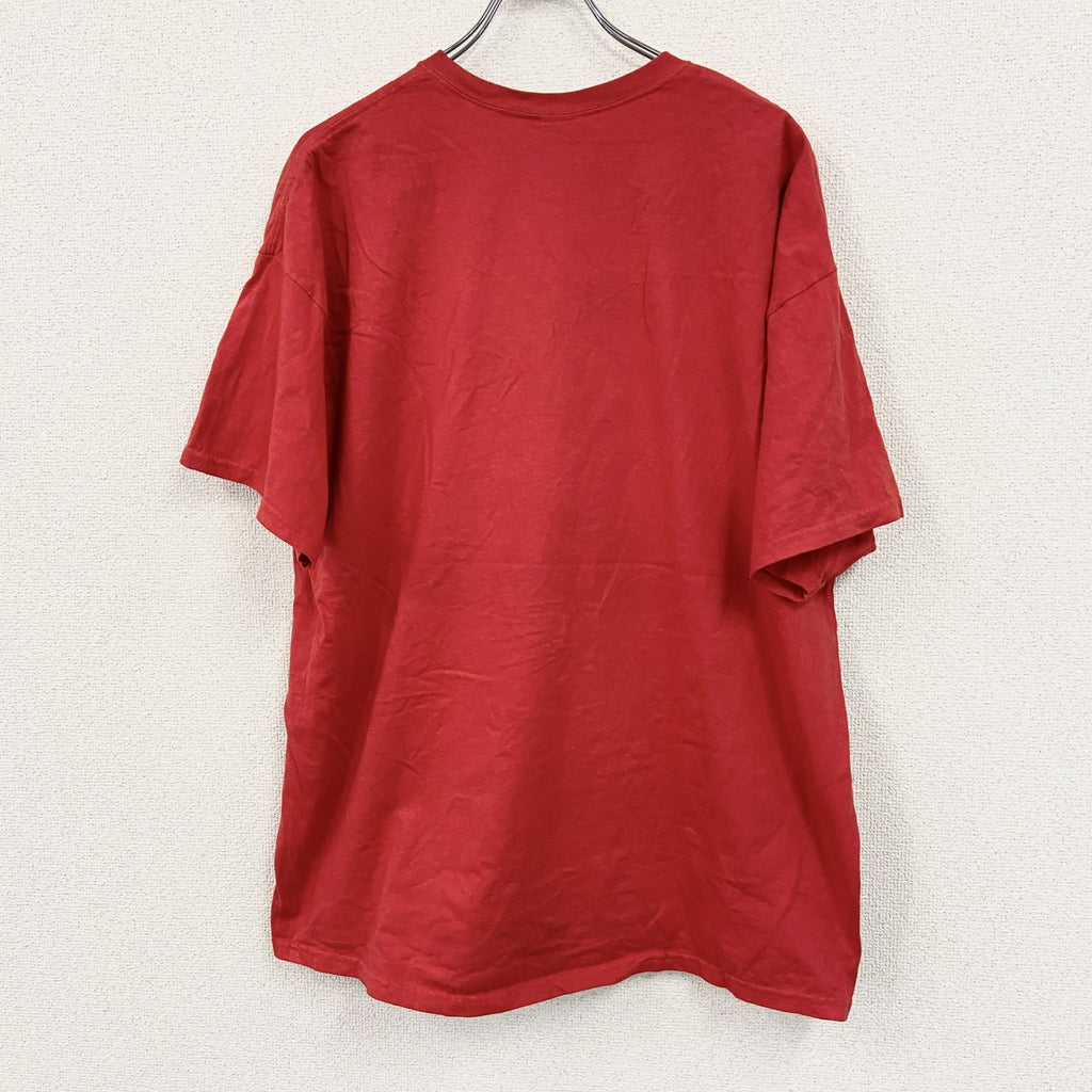 GILDAN　ギルダン　半袖プリントTシャツ　3連プリント　クルーネック　英字プリント　赤　レッド　2XLサイズ　古着