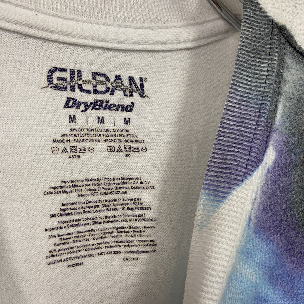 GILDAN　ギルダン　半袖プリントTシャツ　フロント全面プリント　アニマルT　猫　DJ　白　ホワイト　Mサイズ　古着
