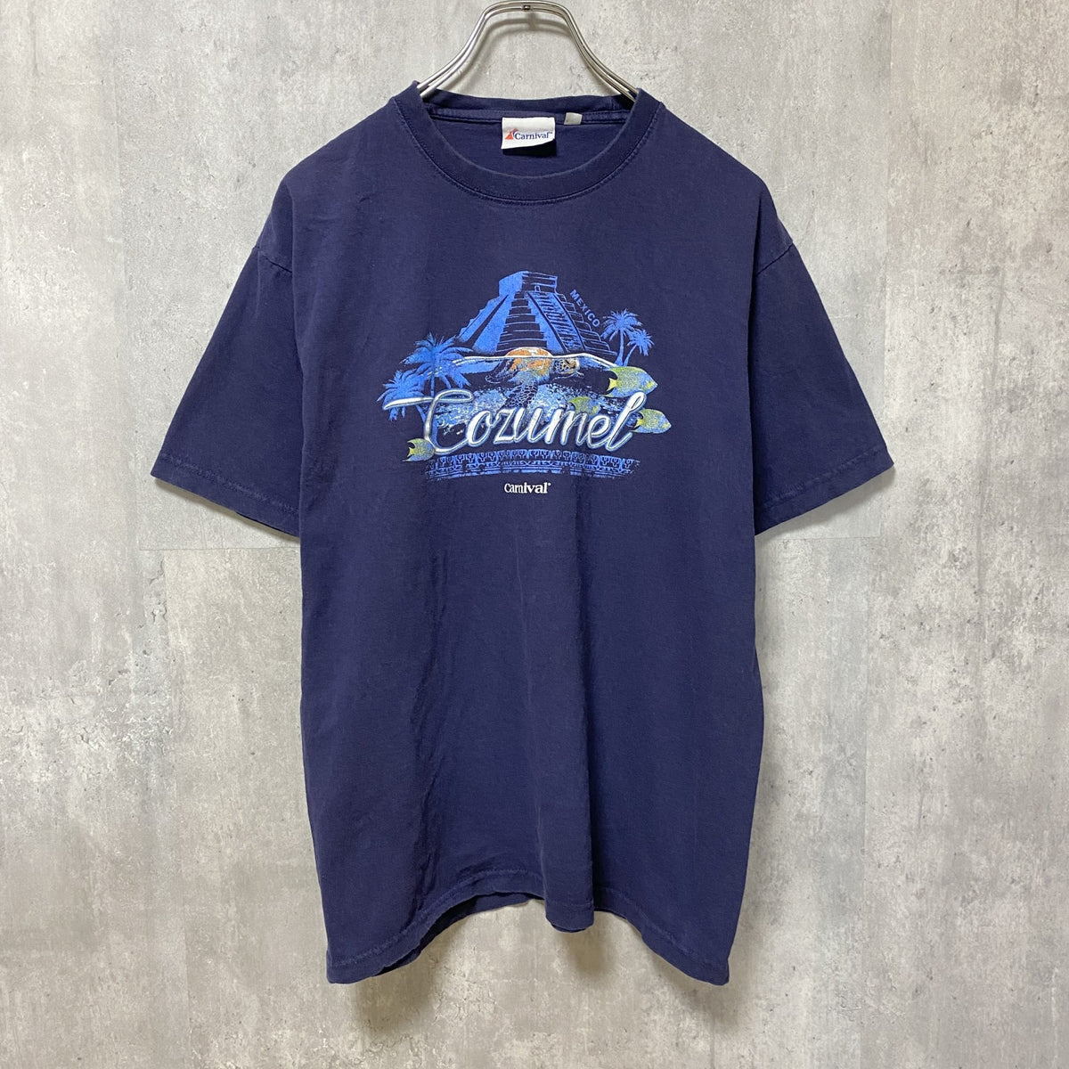 COZUMEL　半袖プリントTシャツ　ネイビー　紺　レトロ　デザイン　個性的　クルーネック　春夏服　Lサイズ　古着