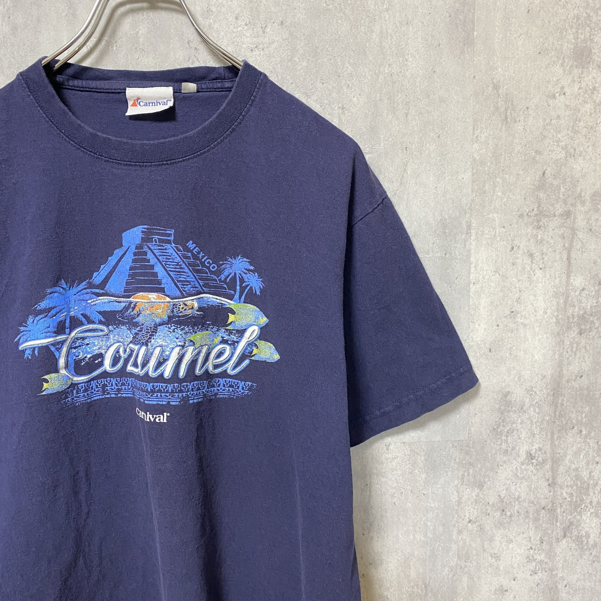 COZUMEL　半袖プリントTシャツ　ネイビー　紺　レトロ　デザイン　個性的　クルーネック　春夏服　Lサイズ　古着