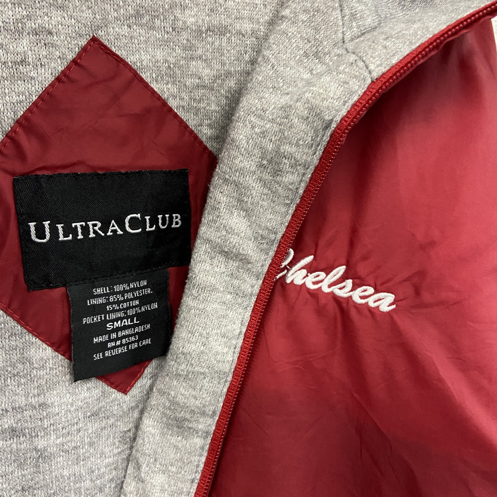 ULTRA CLUB　フルジップナイロンジャケット/フーディー　刺繍ロゴ　3連プリント　赤　レッド　Sサイズ ウインドブレーカー ナイロンアウター メンズ 古着