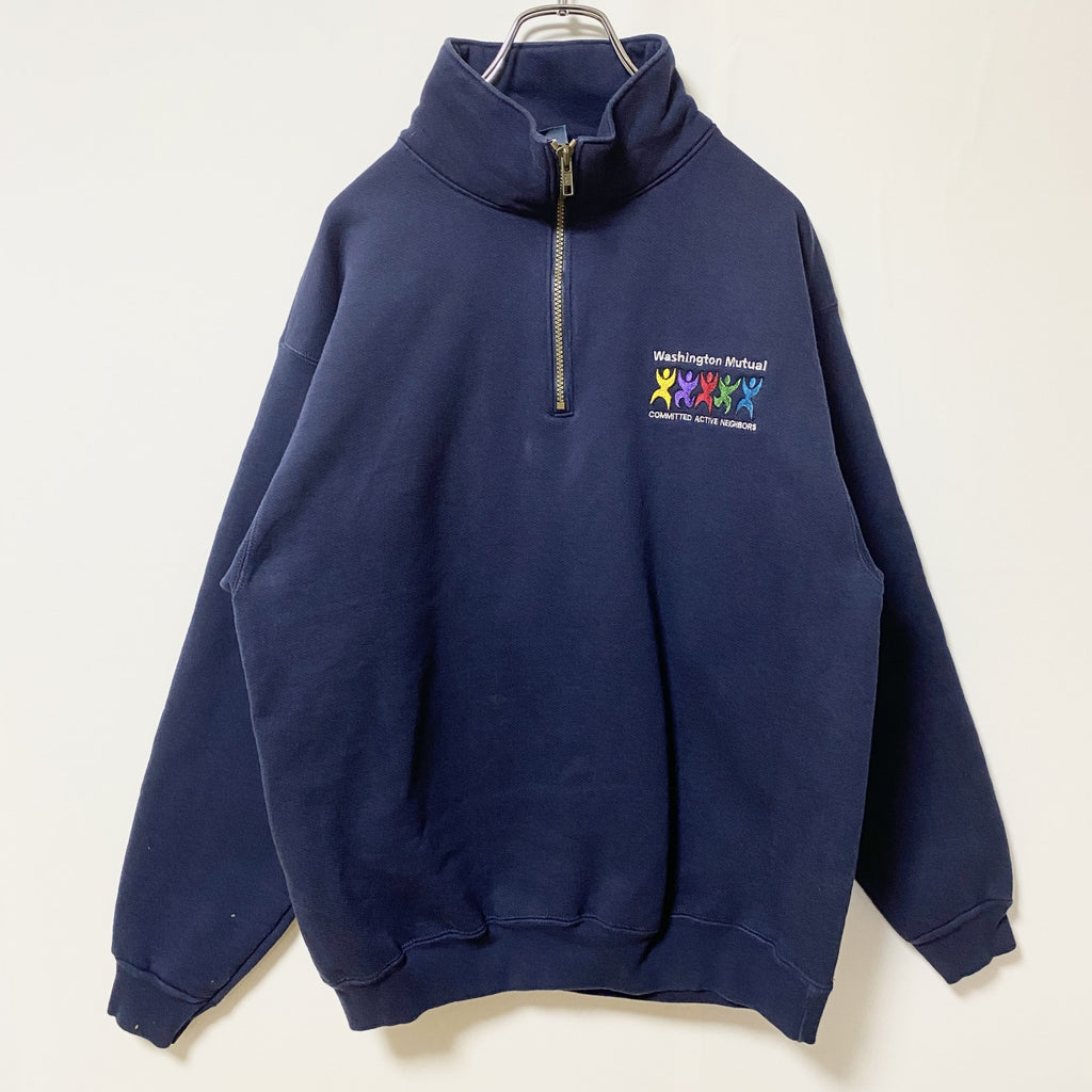 HARVARD SQUARE 長袖ハーフジップロゴ刺繍スウェット　トレーナー　レトロデザイン　ネイビー　紺　Lサイズ　古着