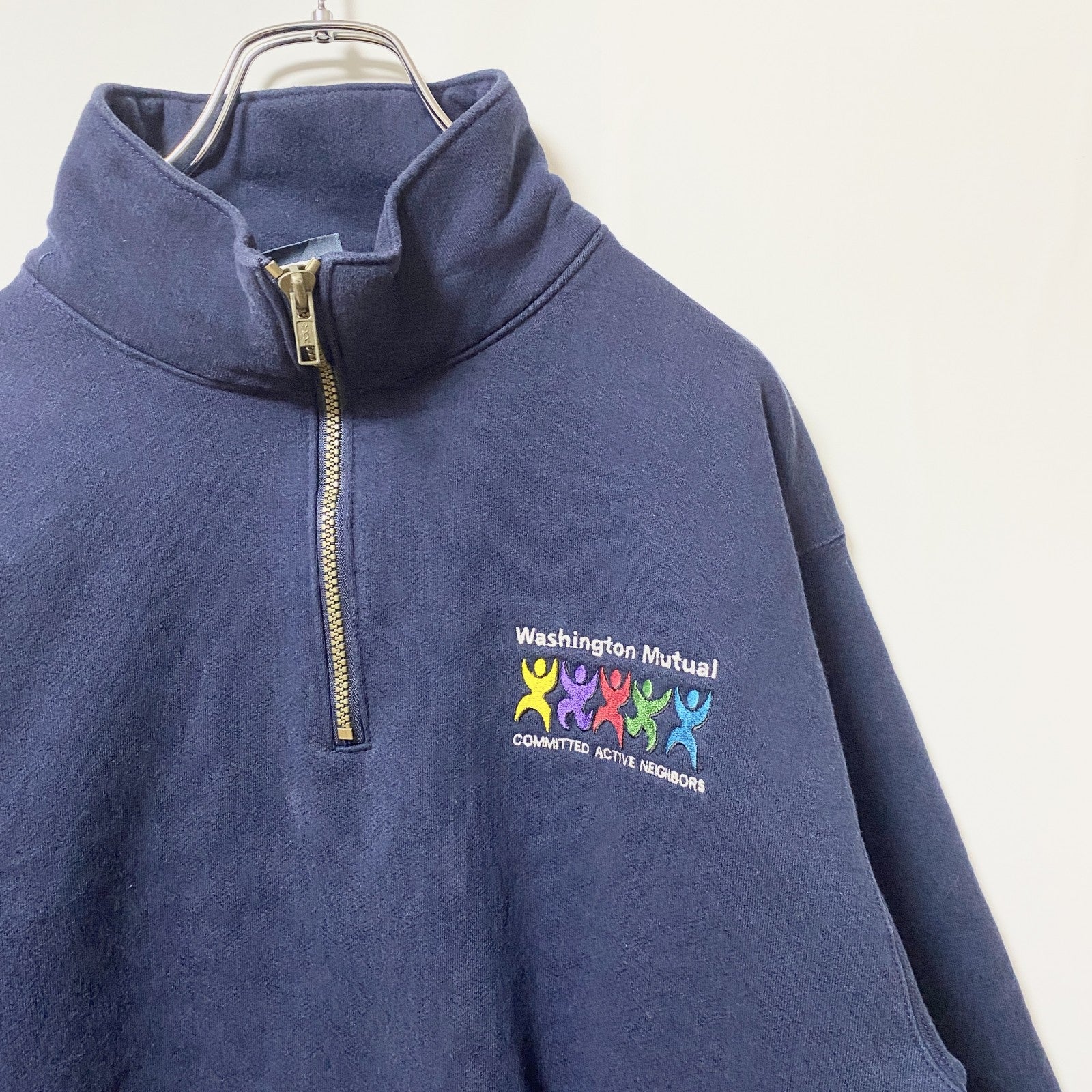 HARVARD SQUARE 長袖ハーフジップロゴ刺繍スウェット　トレーナー　レトロデザイン　ネイビー　紺　Lサイズ　古着