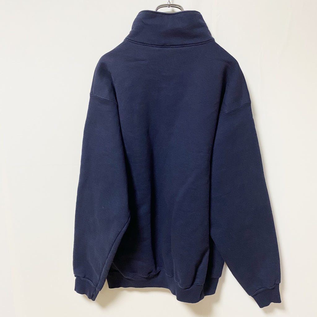 HARVARD SQUARE 長袖ハーフジップロゴ刺繍スウェット　トレーナー　レトロデザイン　ネイビー　紺　Lサイズ　古着