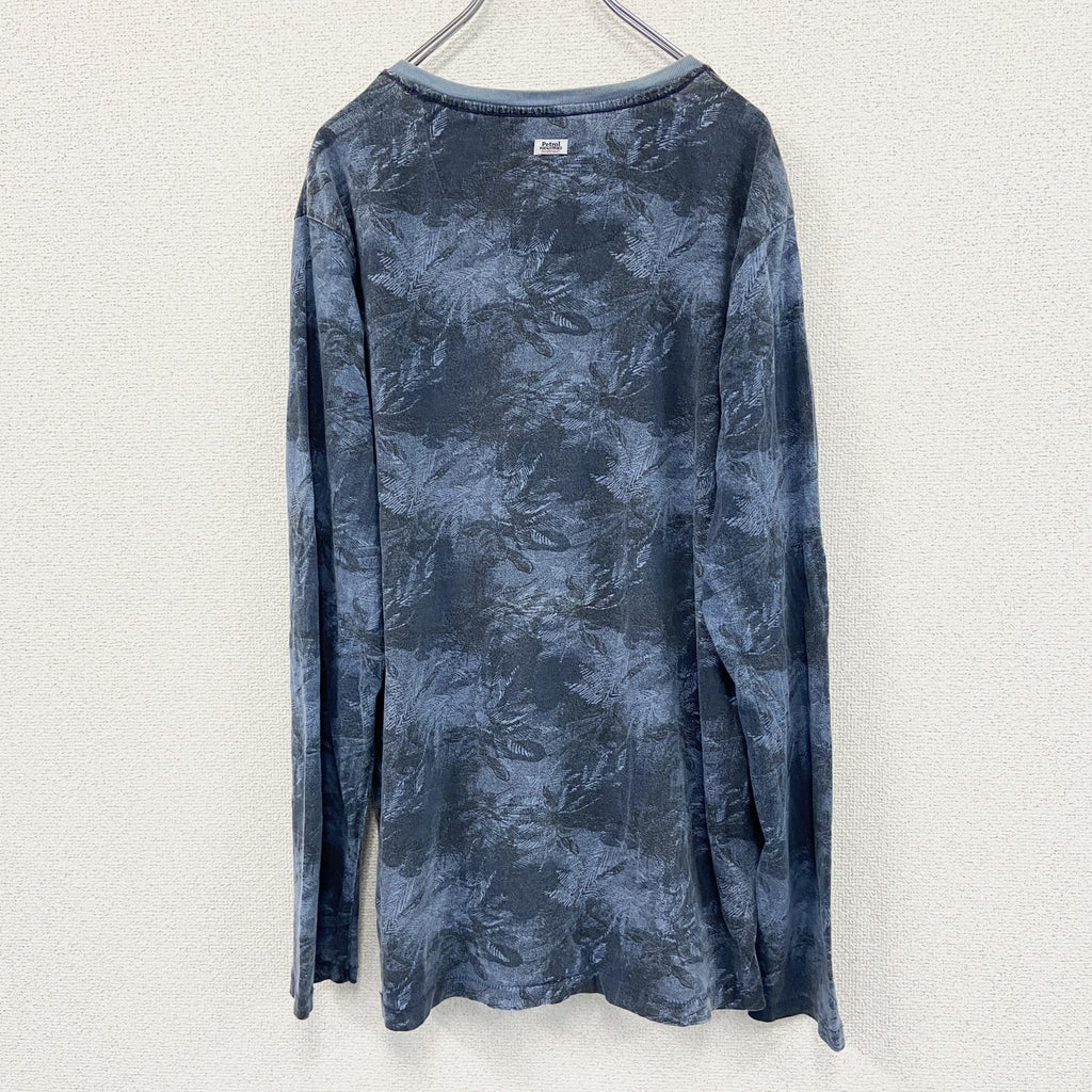 00s～　Petrol INDUSTRIES　長袖Tシャツ/ロンT　シングルステッチ　ヘンリーネック　総柄　青　ブルー　2XLサイズ　古着