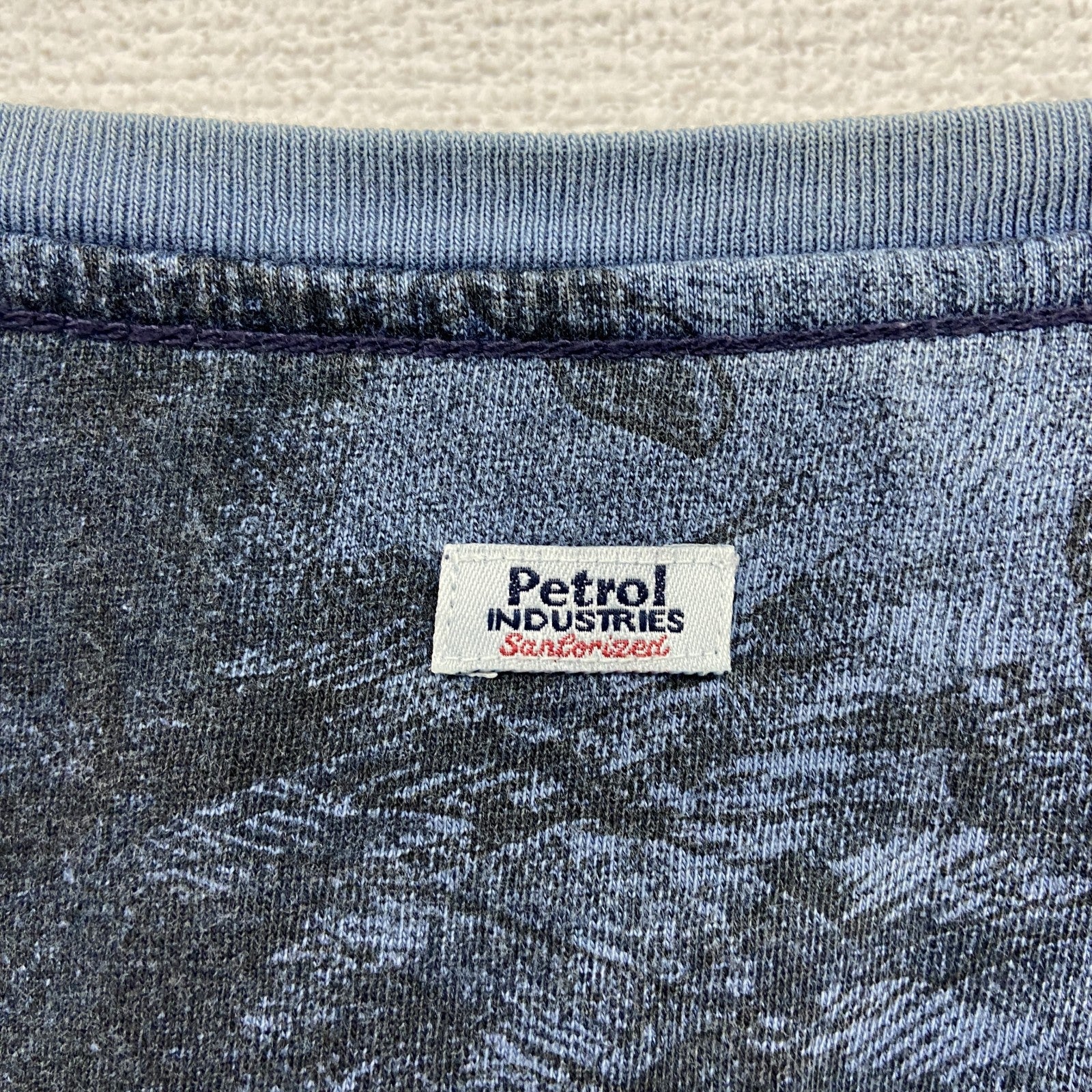 00s～　Petrol INDUSTRIES　長袖Tシャツ/ロンT　シングルステッチ　ヘンリーネック　総柄　青　ブルー　2XLサイズ　古着