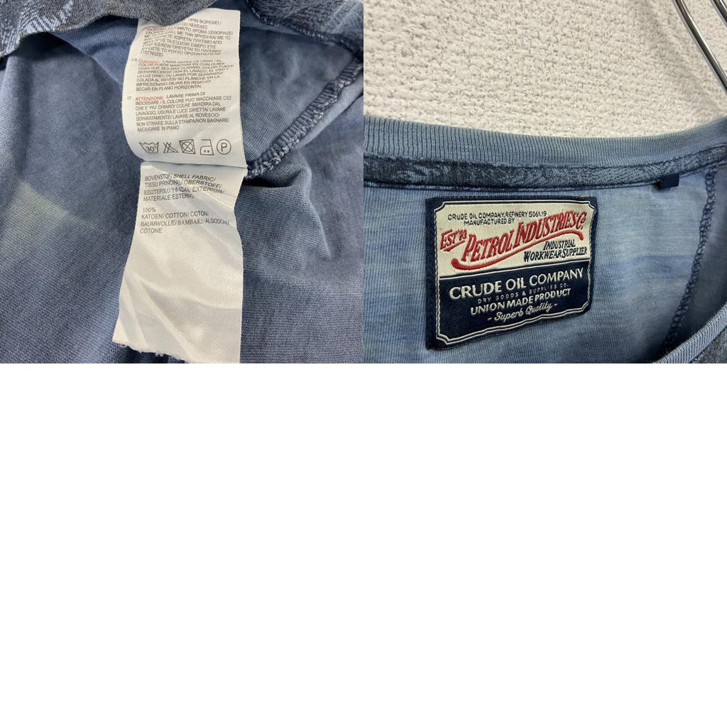 00s～　Petrol INDUSTRIES　長袖Tシャツ/ロンT　シングルステッチ　ヘンリーネック　総柄　青　ブルー　2XLサイズ　古着