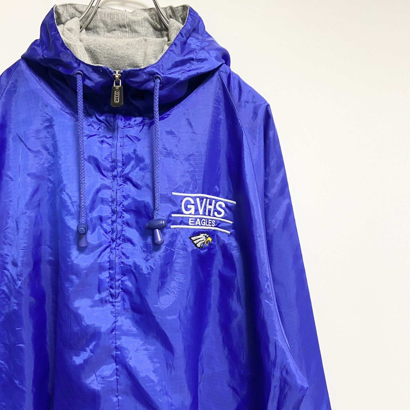 GTM　長袖ハーフジップナイロンプルオーバー　アノラック　ワンポイント刺繍　GVHS EAGLES　青　ブルー　Lサイズ　古着