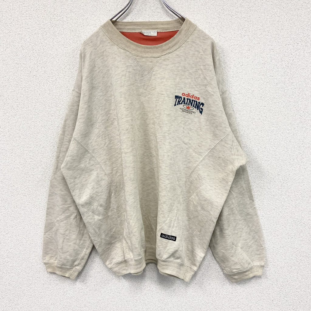 ～90s　adidas　アディダス　スウェット/トレーナー　前V　トレフォイルロゴ　ヴィンテージ　霜降りグレー　ベージュ　Mサイズ　古着