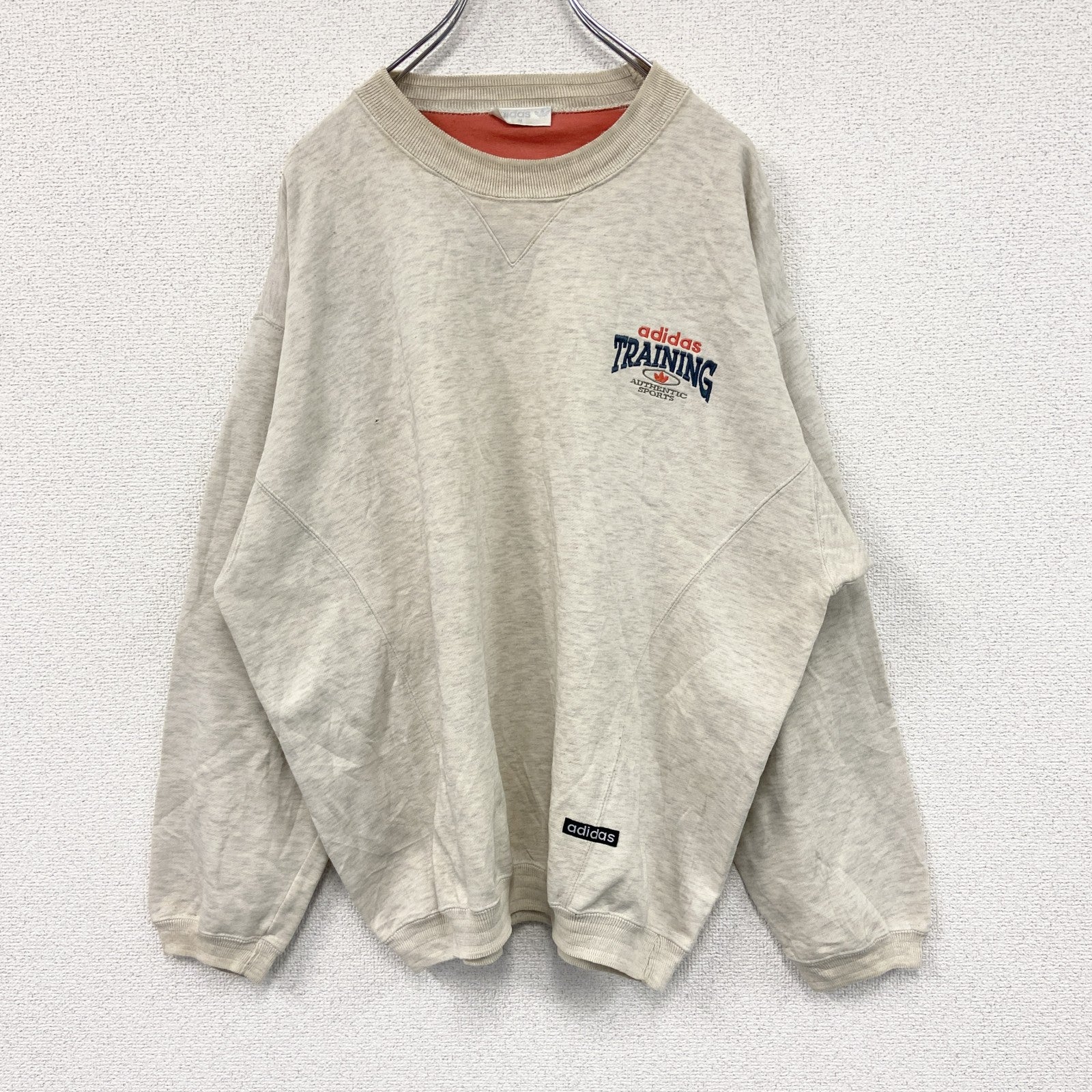 ～90s　adidas　アディダス　スウェット/トレーナー　前V　トレフォイルロゴ　ヴィンテージ　霜降りグレー　ベージュ　Mサイズ　古着