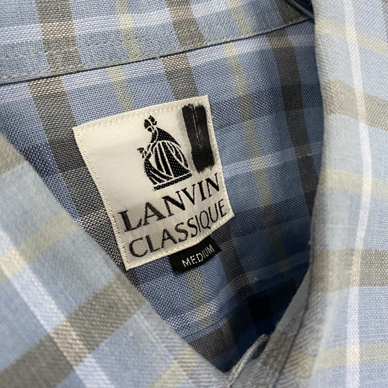 LANVIN CLASSIQUE　ランバン　半袖チェックシャツ　胸ポケット　水色　ライトブルー　Mサイズ　古着