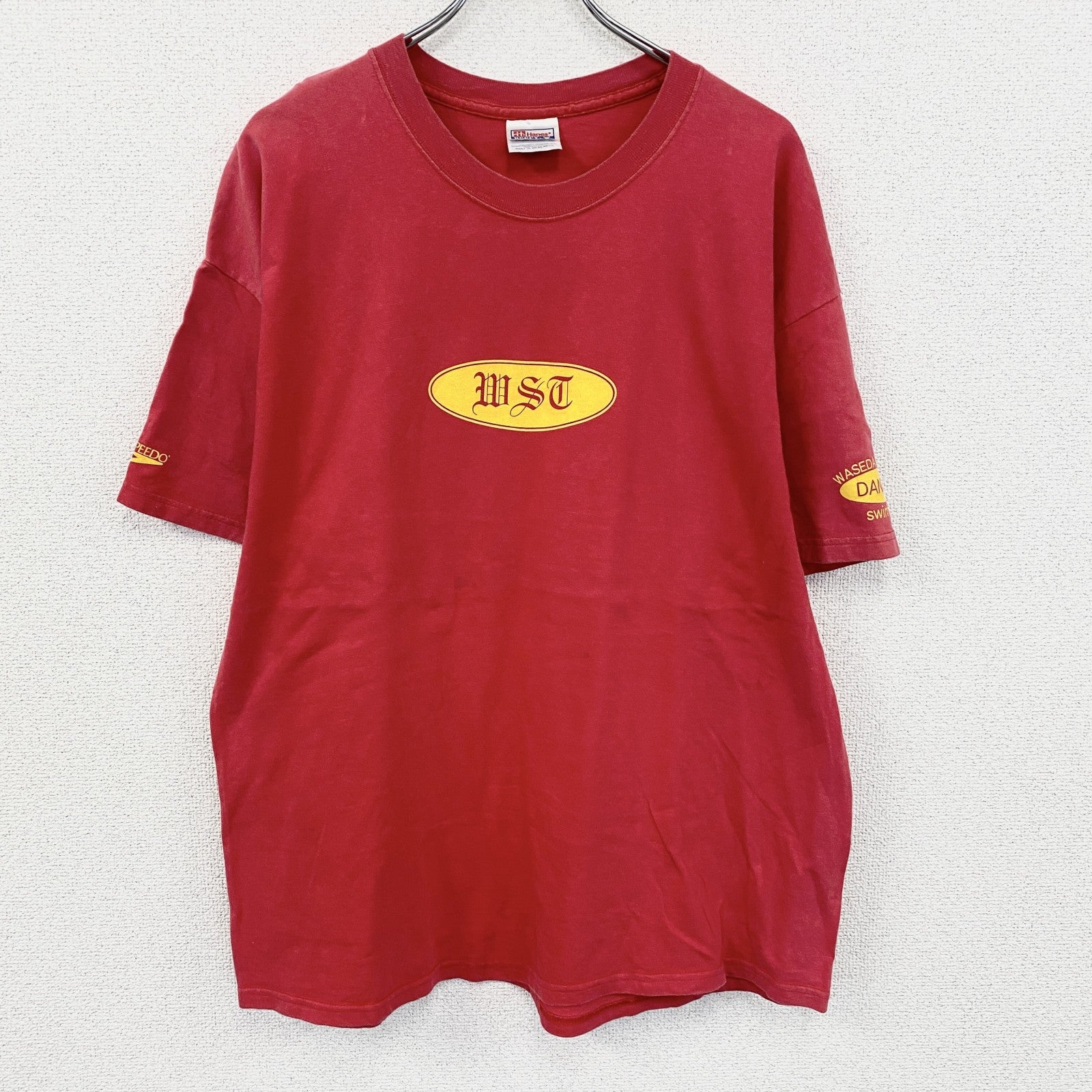 古着 used　00s　Hanes　BEEFY-T　早稲田大学　水泳部　半袖プリントTシャツ　赤　レッド　XLサイズ