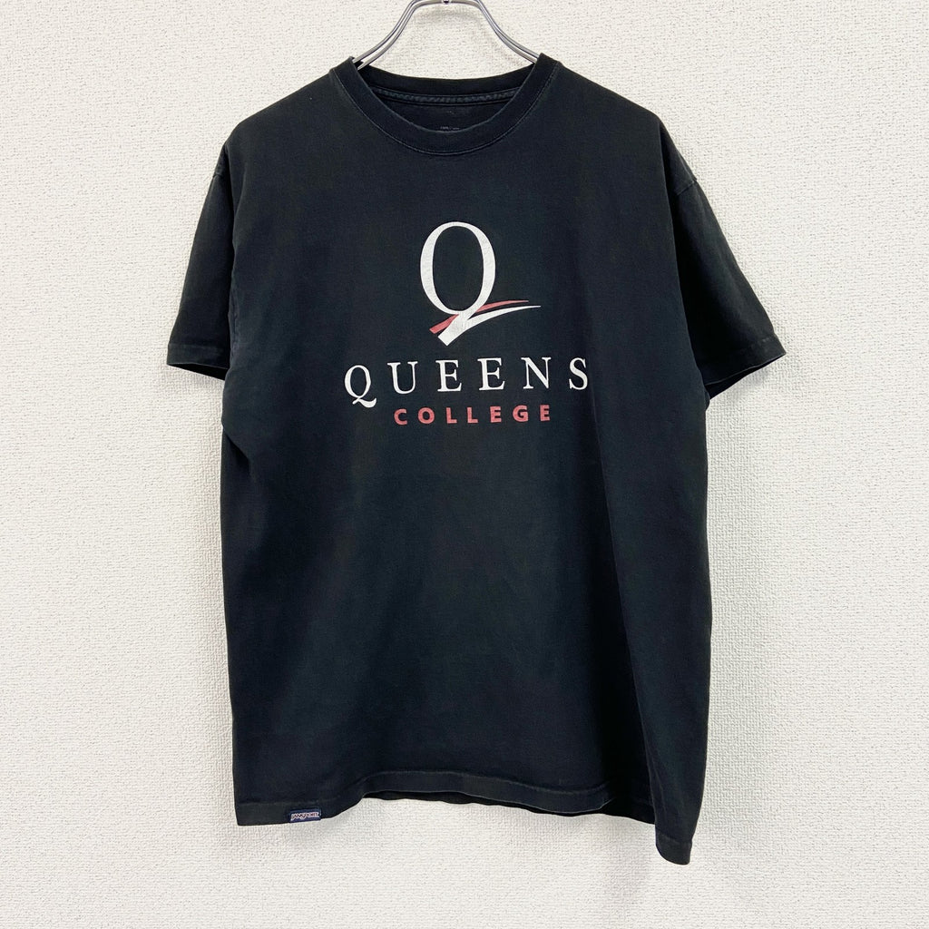 半袖プリントTシャツ　クイーンズ校　カレッジロゴ　3連プリント　クルーネック　黒　ブラック　古着