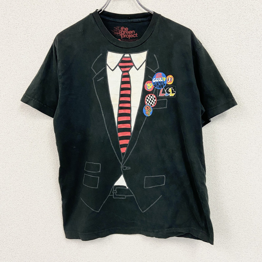 the green project　半袖プリントTシャツ　だまし絵　ミニ缶バッジ　黒　ブラック　Lサイズ　古着