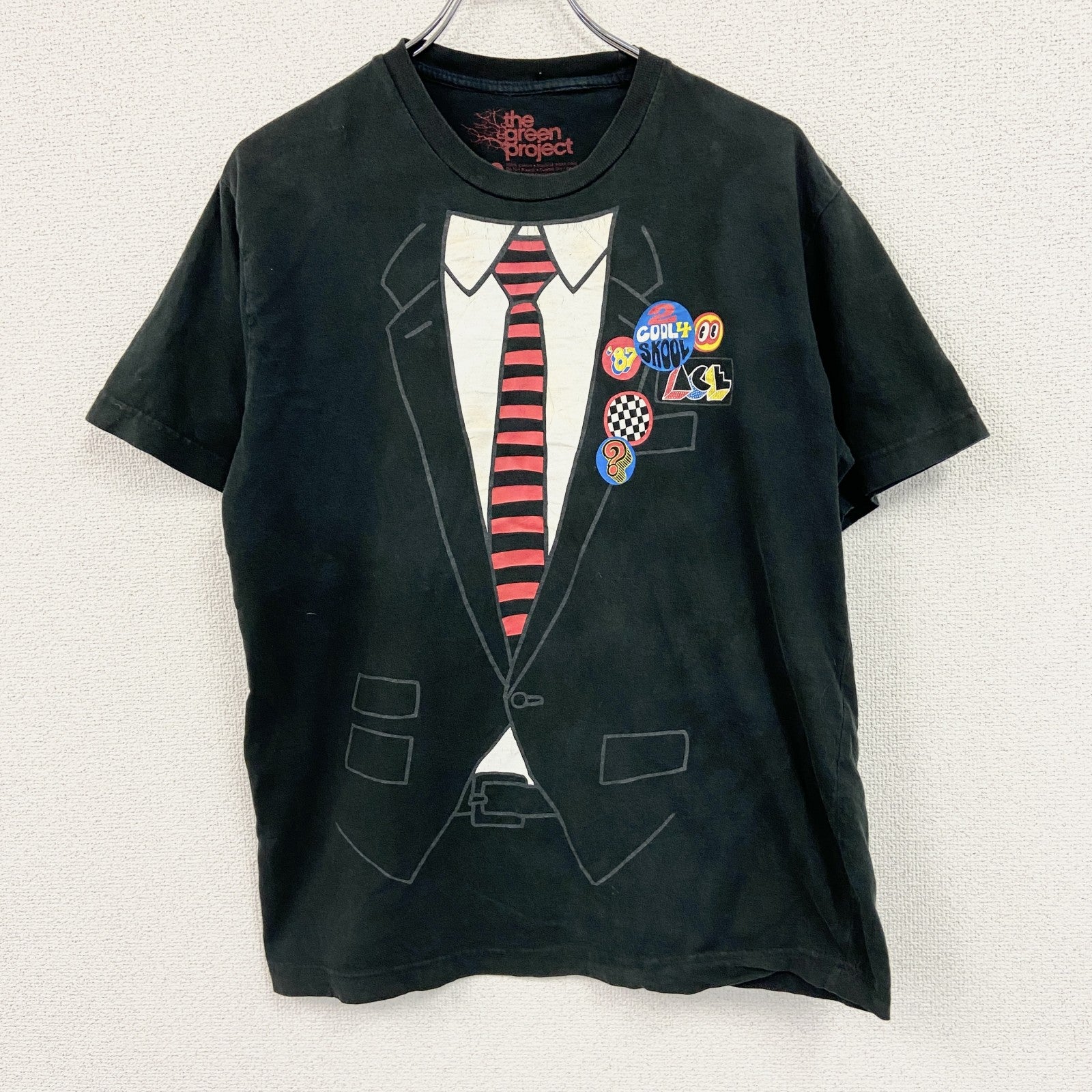the green project　半袖プリントTシャツ　だまし絵　ミニ缶バッジ　黒　ブラック　Lサイズ　古着