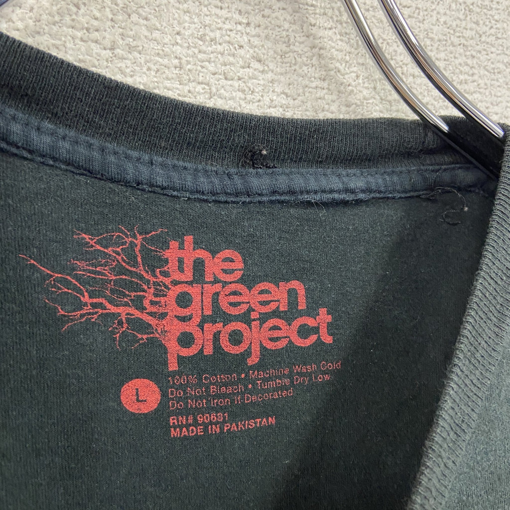 the green project　半袖プリントTシャツ　だまし絵　ミニ缶バッジ　黒　ブラック　Lサイズ　古着