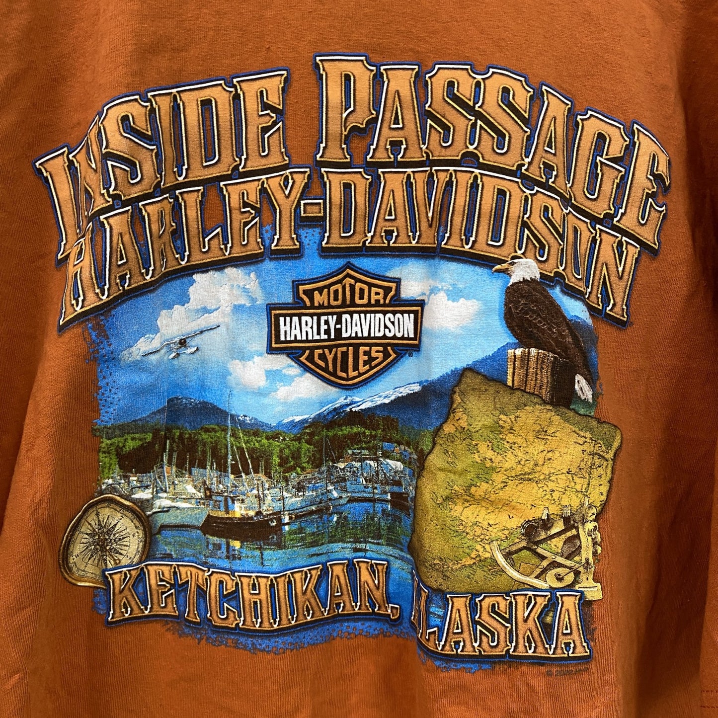 HARLEY DAVIDSON　ハーレーダビッドソン　長袖両面プリントTシャツ　オレンジ　2XLサイズ