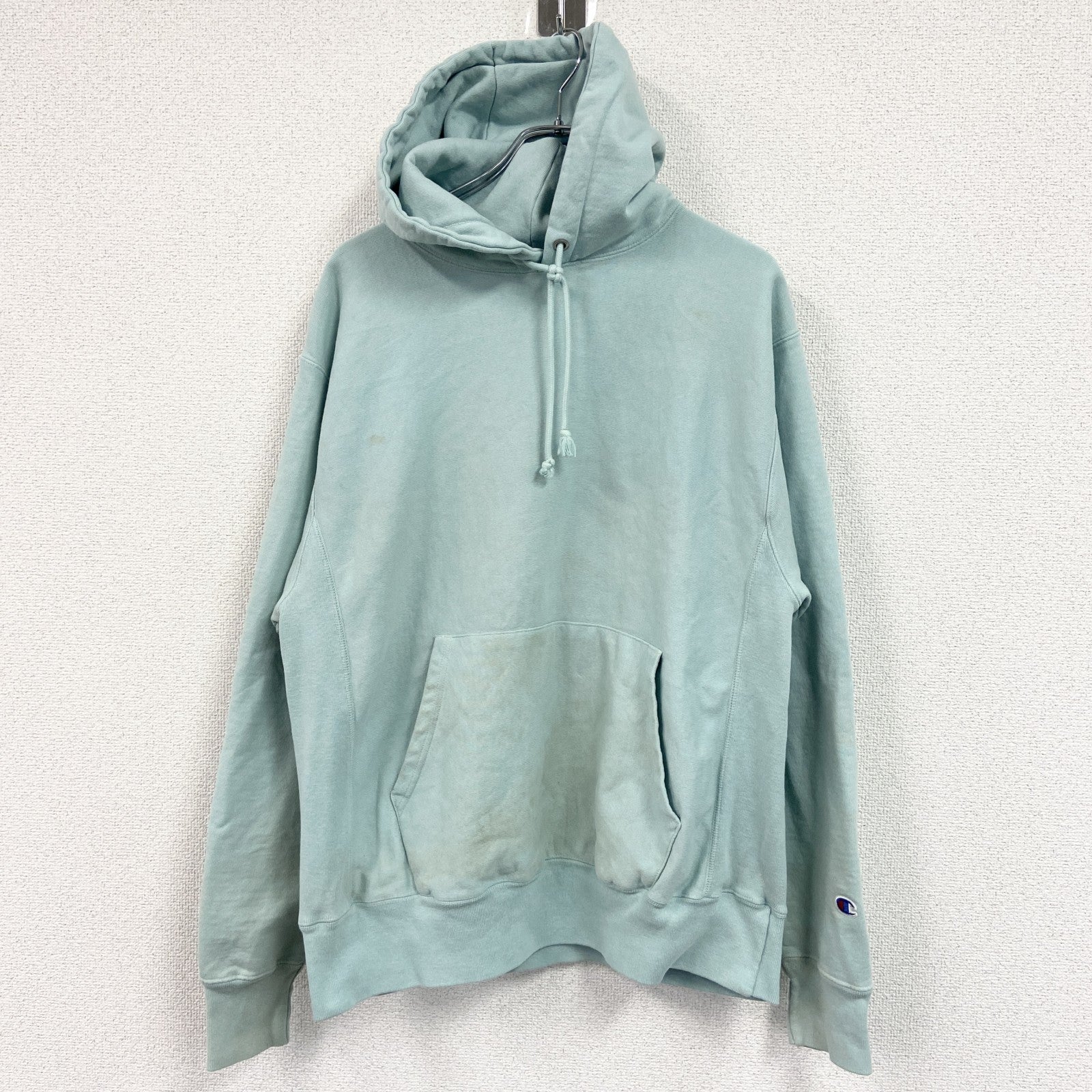 Champion　チャンピオン　リバースウィーブ　スウェットパーカー/フーディー　目無し　刺繍ロゴ　現行　水色　ブルー　Lサイズ　古着