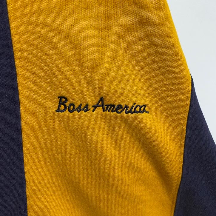 古着 used　BossAmerica　長袖切り替えスウェット　トレーナー　ワンポイントロゴ刺繡　黄色　ネイビー　白　XLサイズ