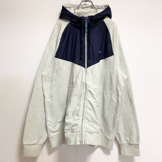 古着 used　NIKE　ナイキ　長袖異素材切替フリースジャケット　ロゴ刺繍　白　ネイビー　ビッグシルエット　2XLサイズ