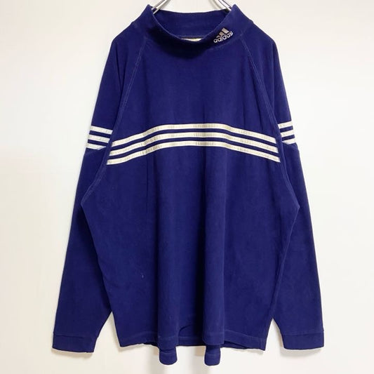 古着 used　adidas　アディダス　長袖ハイネックフリースプルオーバー　ワンポイント刺繍　青　ブルー　秋冬服　Lサイズ