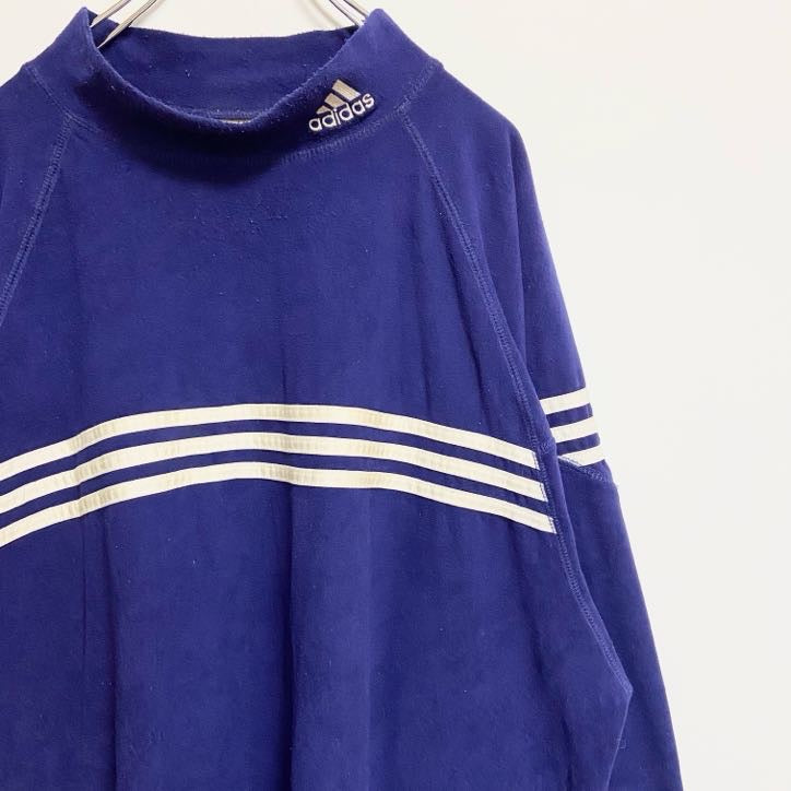 adidas　アディダス　長袖ハイネックフリースプルオーバー　ワンポイント刺繍　青　ブルー　秋冬服　Lサイズ　古着