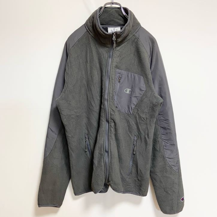 Champion　チャンピオン　長袖ハイネックプリントブルゾン　裏地ボアアウター　グレー　灰色　ヴィンテージ　Mサイズ　古着