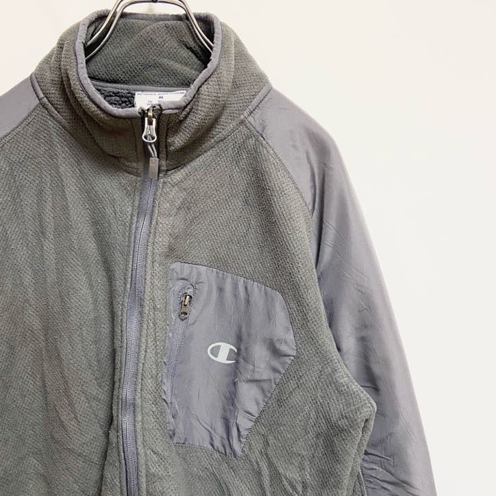 Champion　チャンピオン　長袖ハイネックプリントブルゾン　裏地ボアアウター　グレー　灰色　ヴィンテージ　Mサイズ　古着