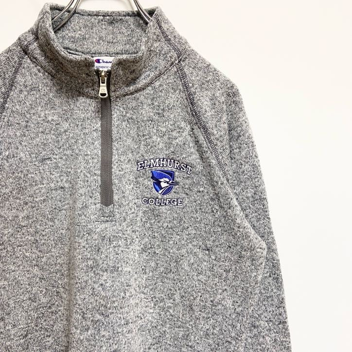 Champion　長袖カレッジハーフジップ刺繍スウェット　トレーナー　エルムハースト大学　グレー　灰色　Lサイズ　古着