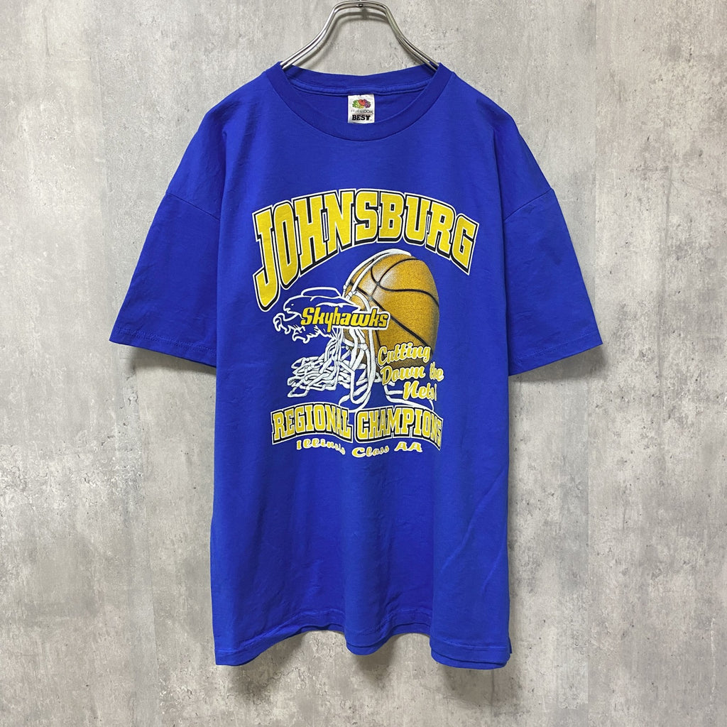 バスケ　半袖プリントTシャツ　バックプリント　青　ブルー　レトロ　デザイン　個性的　クルーネック　オーバーサイズ　古着