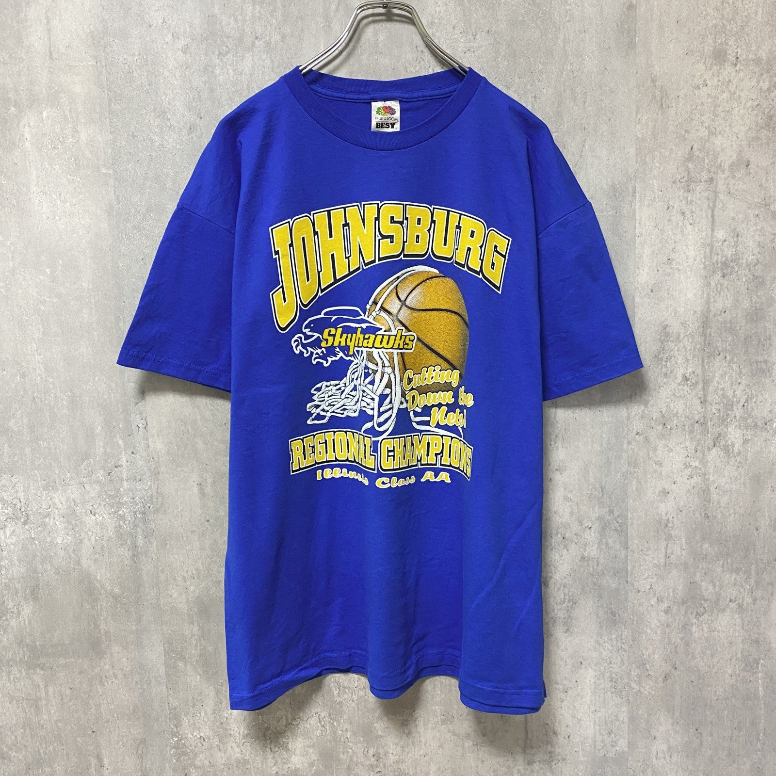 バスケ　半袖プリントTシャツ　バックプリント　青　ブルー　レトロ　デザイン　個性的　クルーネック　オーバーサイズ　古着