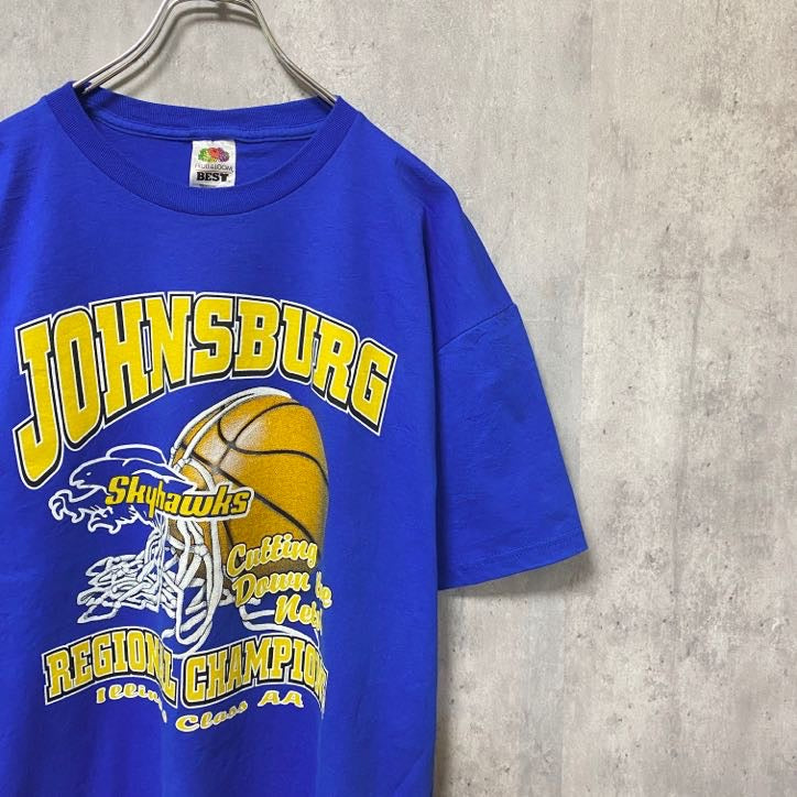 バスケ　半袖プリントTシャツ　バックプリント　青　ブルー　レトロ　デザイン　個性的　クルーネック　オーバーサイズ　古着
