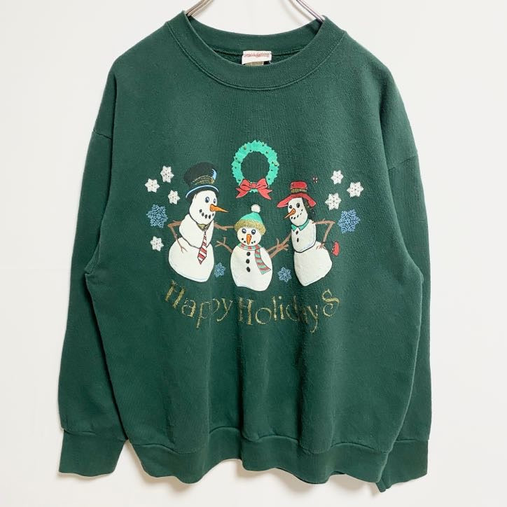 HolidayTime　長袖クルーネックスノーマンプリントスウェット　トレーナー　レトロデザイン　緑　グリーン　Lサイズ　古着