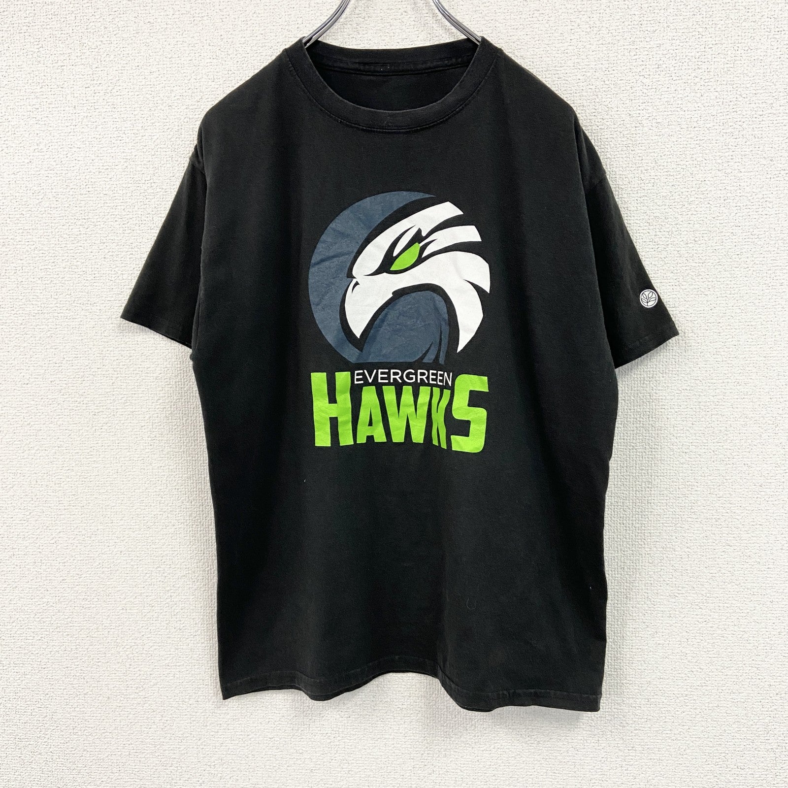 半袖スポーツプリントTシャツ　フットボール　EVER GREEN HAWKS　黒　ブラック　古着