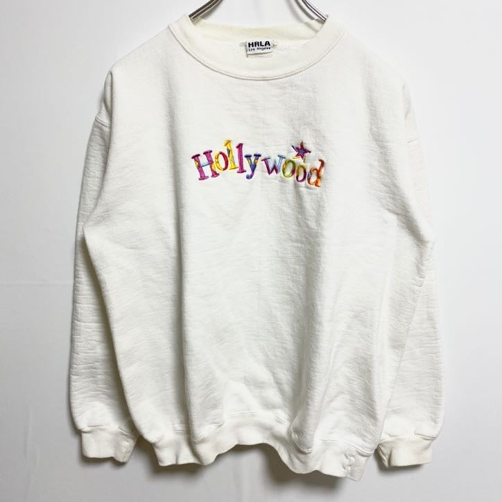 古着 used　90s　HRLA　長袖ロゴ刺繍スウェット　トレーナー　クルーネック　Hollywood　白　ヴィンテージ　Sサイズ