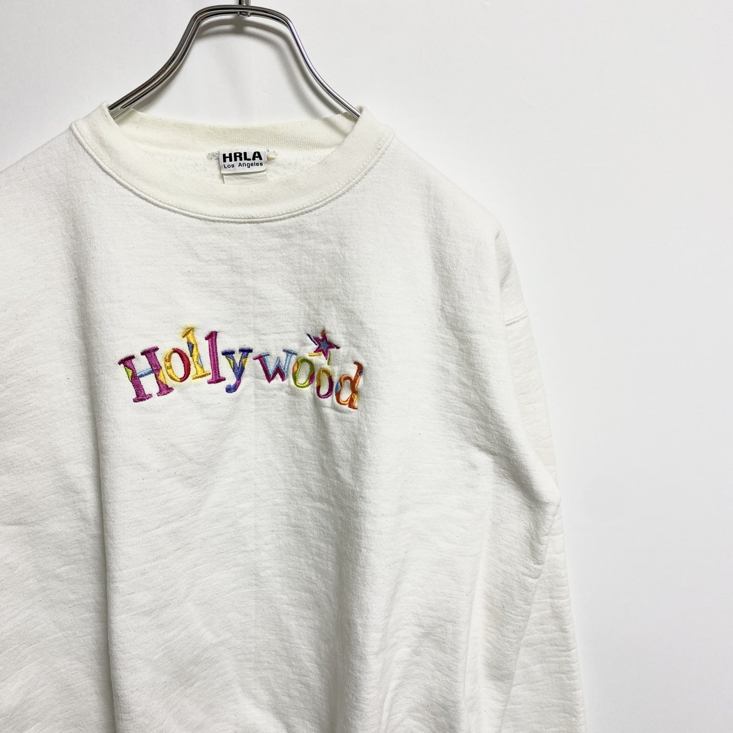 古着 used　90s　HRLA　長袖ロゴ刺繍スウェット　トレーナー　クルーネック　Hollywood　白　ヴィンテージ　Sサイズ