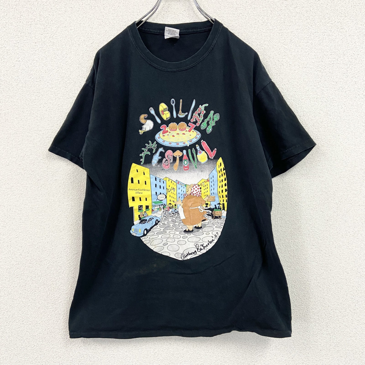 GILDAN　ギルダン　半袖プリントTシャツ　アーチプリント　両面プリント　黒　ブラック　Lサイズ カットソー メンズ コットン 古着