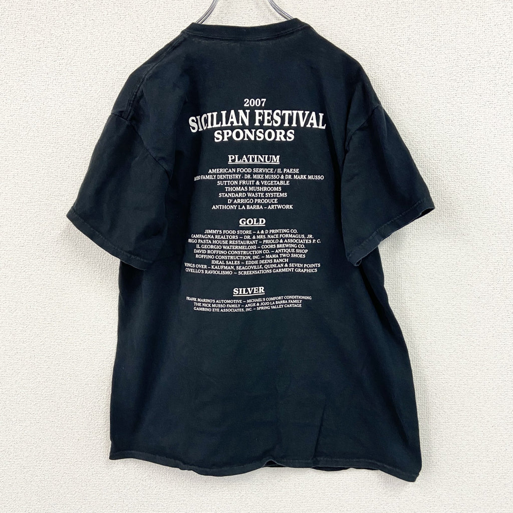 GILDAN　ギルダン　半袖プリントTシャツ　アーチプリント　両面プリント　黒　ブラック　Lサイズ カットソー メンズ コットン 古着