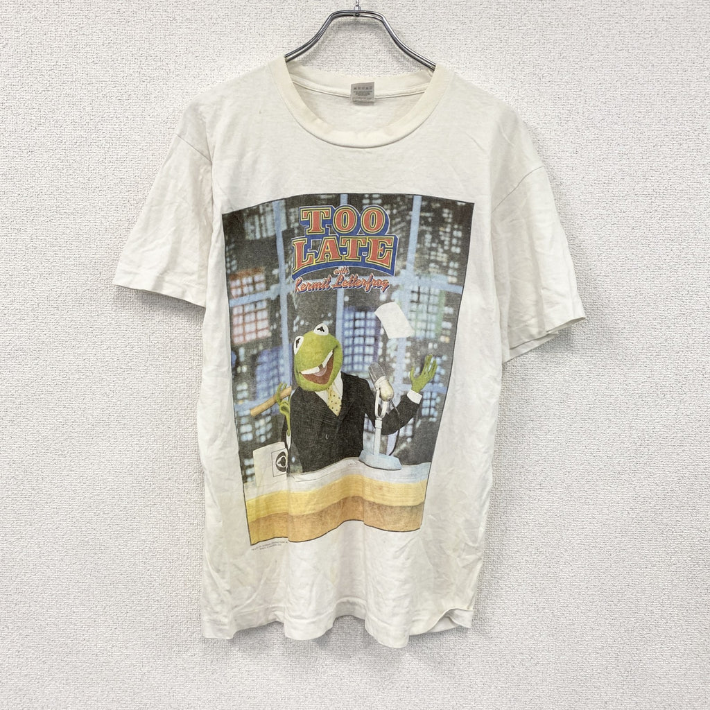 90s　TOO LATE with Kermit Letterfrog　カーミット　半袖プリントTシャツ　USA製　ヴィンテージ　シングルステッチ　パロディ　白　ホワイト　Mサイズ　古着