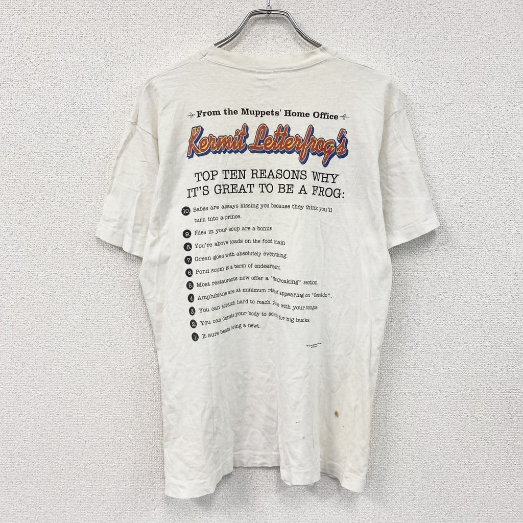 90s　TOO LATE with Kermit Letterfrog　カーミット　半袖プリントTシャツ　USA製　ヴィンテージ　シングルステッチ　パロディ　白　ホワイト　Mサイズ　古着