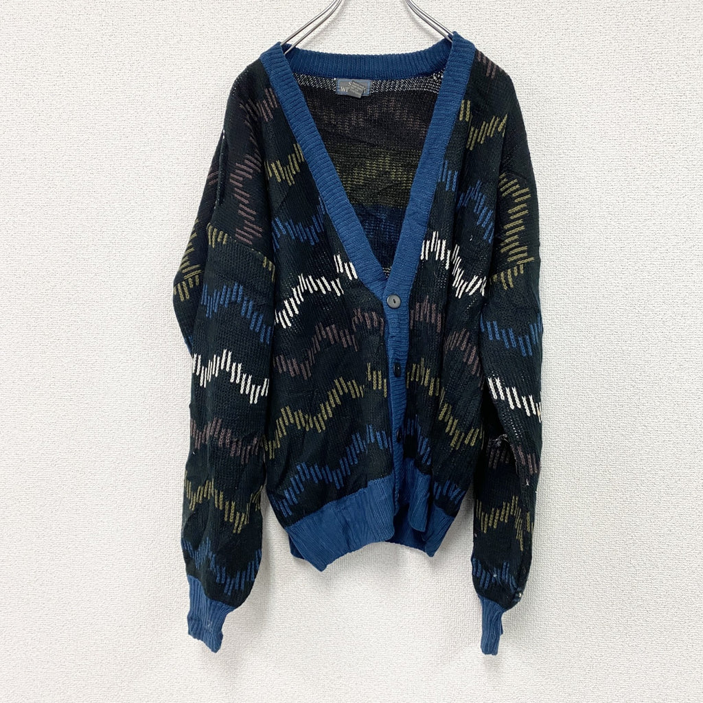 ～90s　SIR WILLIAM　アクリルニットカーディガン　ヴィンテージ　総柄　黒　ブラック　Lサイズ　古着