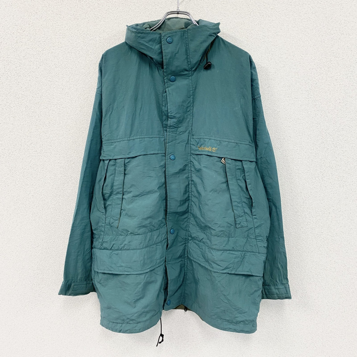 90s　Timberland　ティンバーランド　マウンテンパーカー　フライフロント　ブルーグリーン　Lサイズ　古着