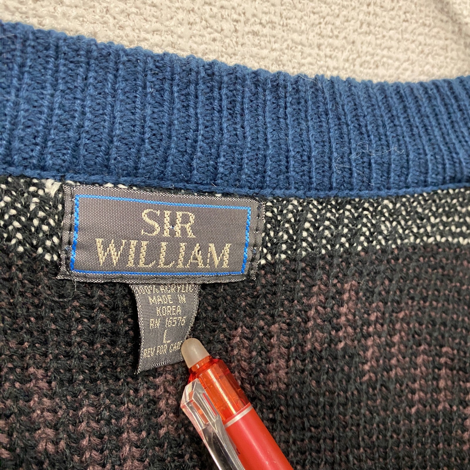 ～90s　SIR WILLIAM　アクリルニットカーディガン　ヴィンテージ　総柄　黒　ブラック　Lサイズ　古着