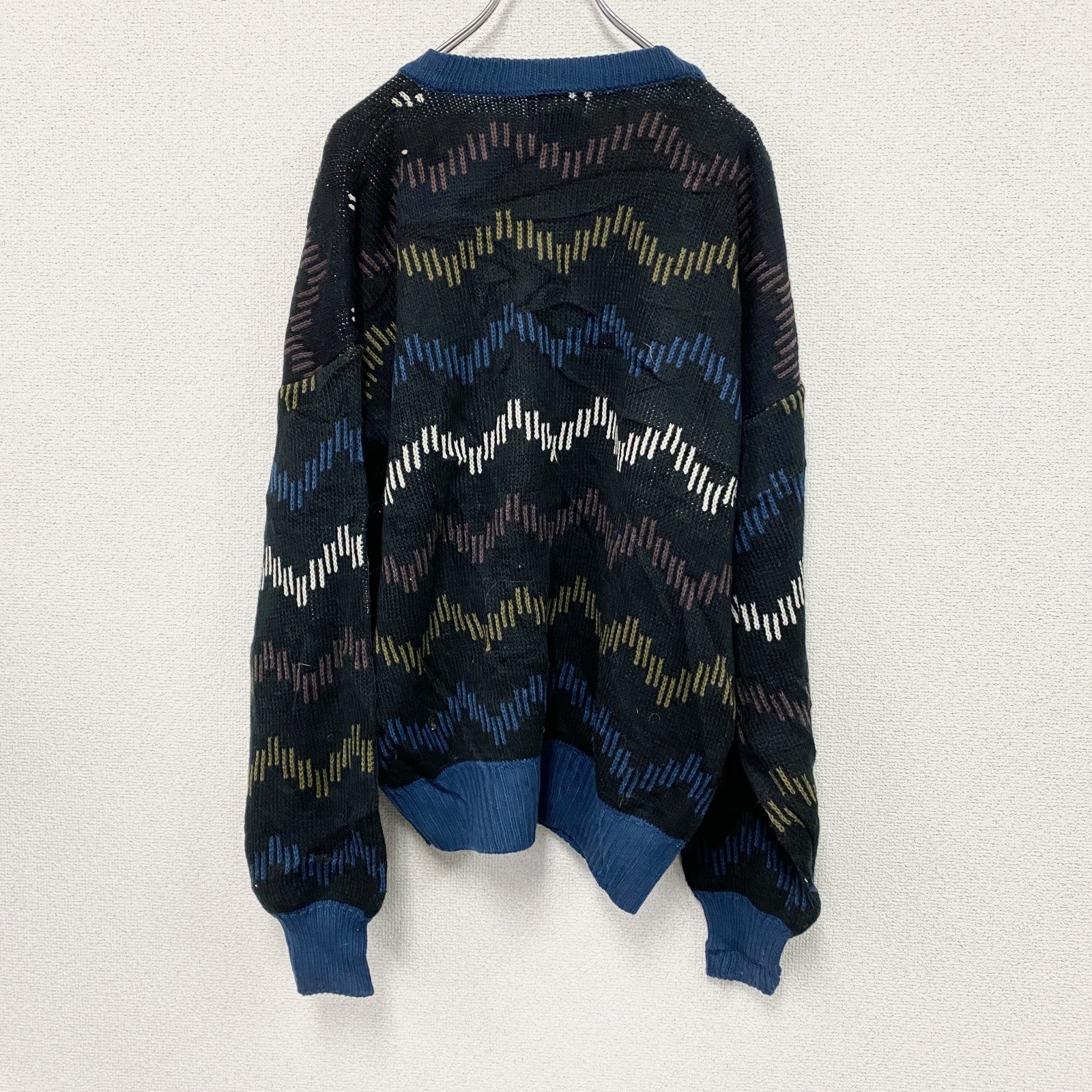 ～90s　SIR WILLIAM　アクリルニットカーディガン　ヴィンテージ　総柄　黒　ブラック　Lサイズ　古着