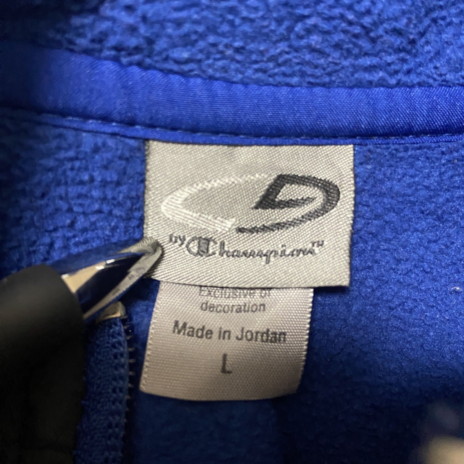 C9　Champion　長袖異素材切替フリースジャケット　ハイネック　ワンポイント刺繍　青　ブルー　黒　ブラック　Lサイズ　古着