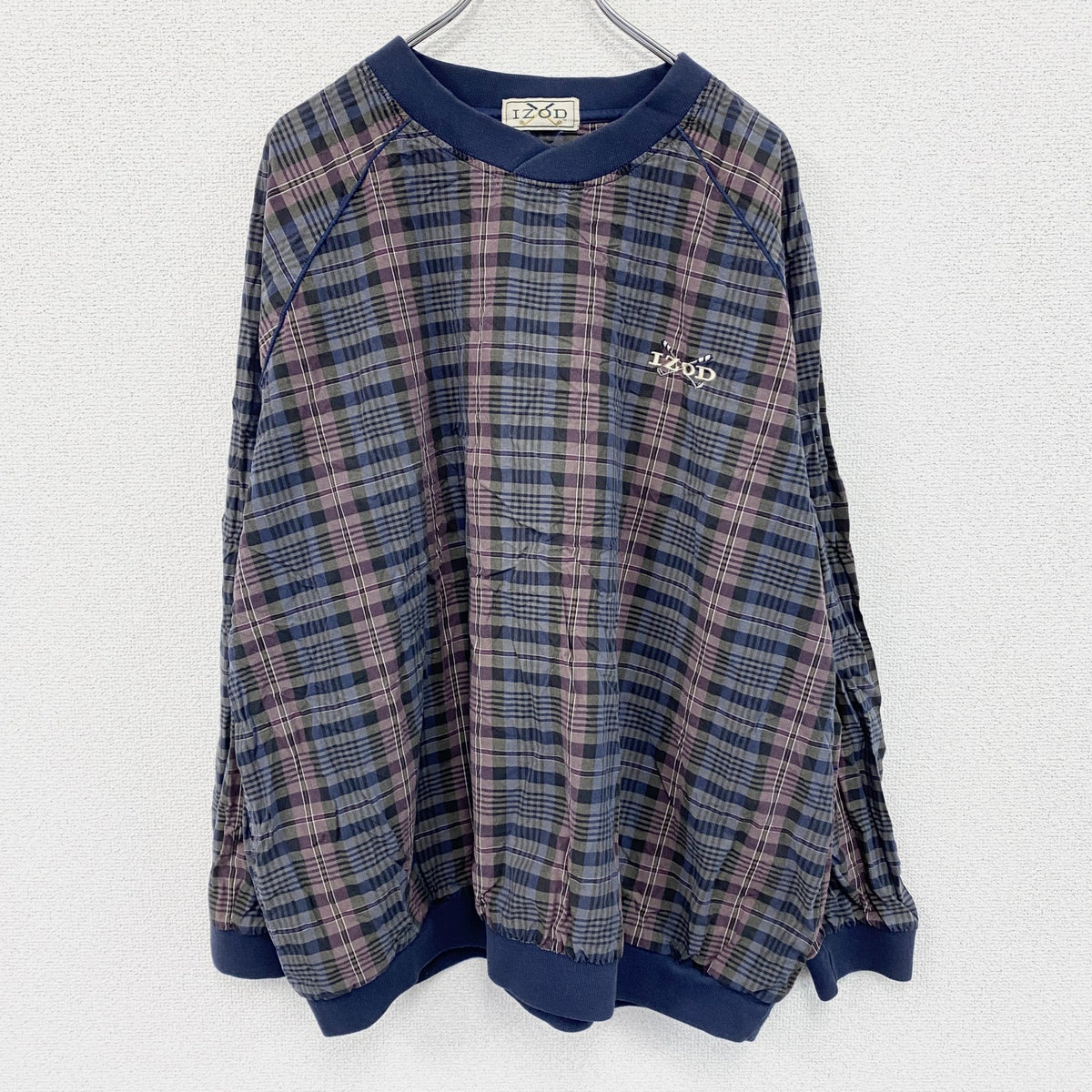 ～90s　IZOD　アイゾッド　プルオーバージャケット　ヴィンテージ　刺繍ロゴ　チェック柄　マルチカラー ウインドブレーカー ナイロンアウター メンズ 古着