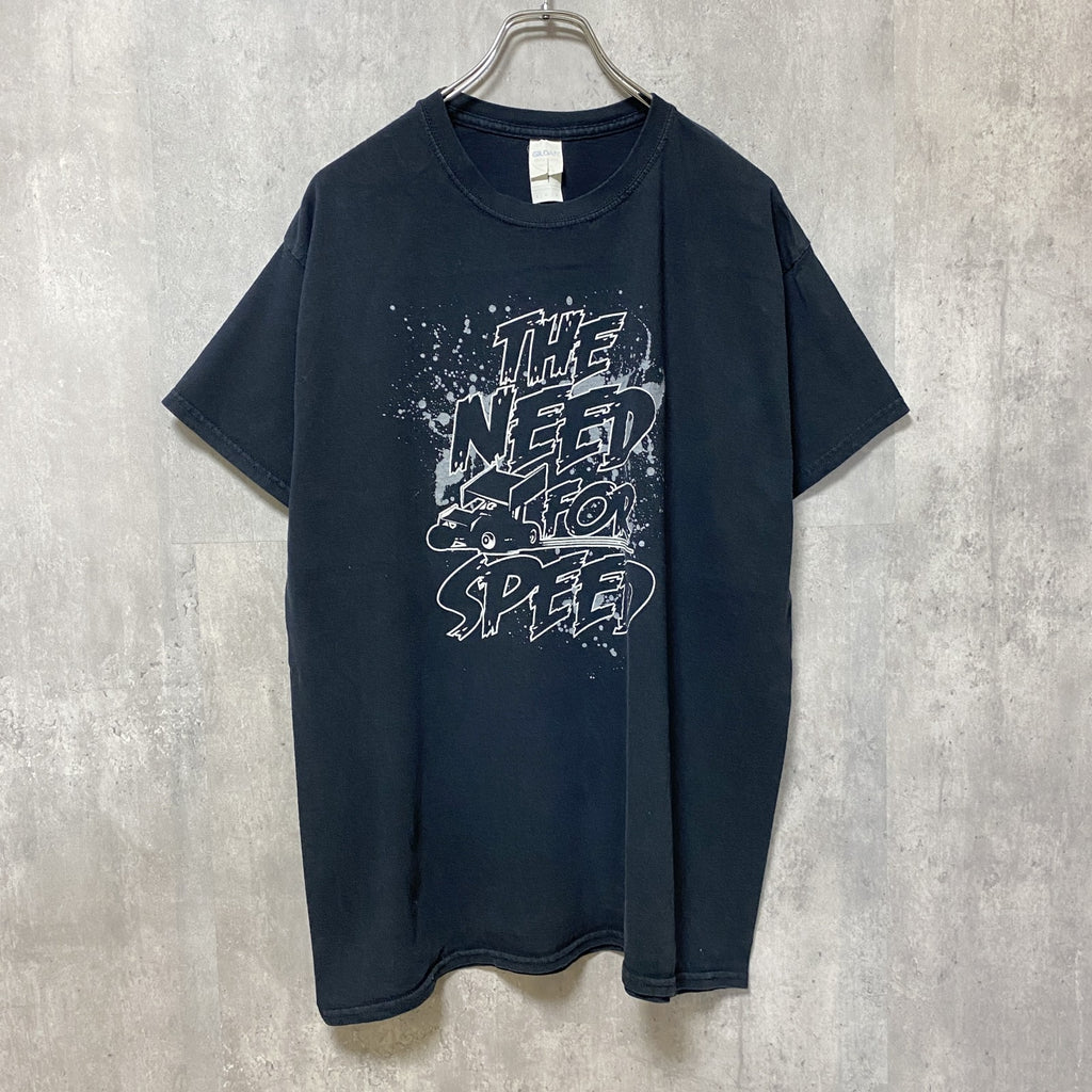 GILDAN　ギルダン　半袖プリントTシャツ　4連プリント　ペンキプリント　英字プリント　黒　ブラック　Lサイズ　古着
