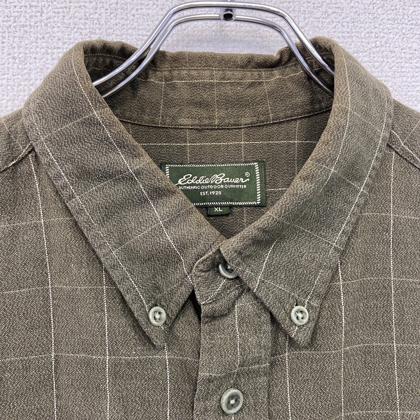 Eddie Bauer　エディーバウアー　長袖ボタンダウンシャツ　チェック柄　カーキ　XLサイズ　古着