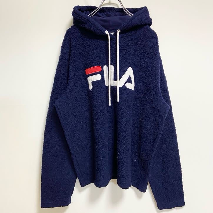 FILA　フィラ　長袖ワッペン刺繍フリースパーカー　ボアフーディー　紺　ネイビー　ビッグシルエット　2XLサイズ　古着